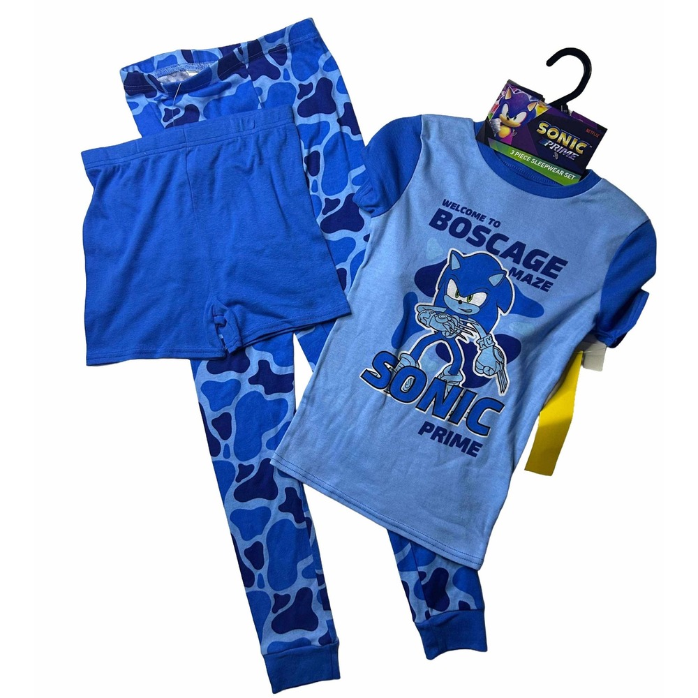 Sonic Prime 3 Piece Sleepwear Set Boys Size 10 Blue Pajamas Shorts Long Pants